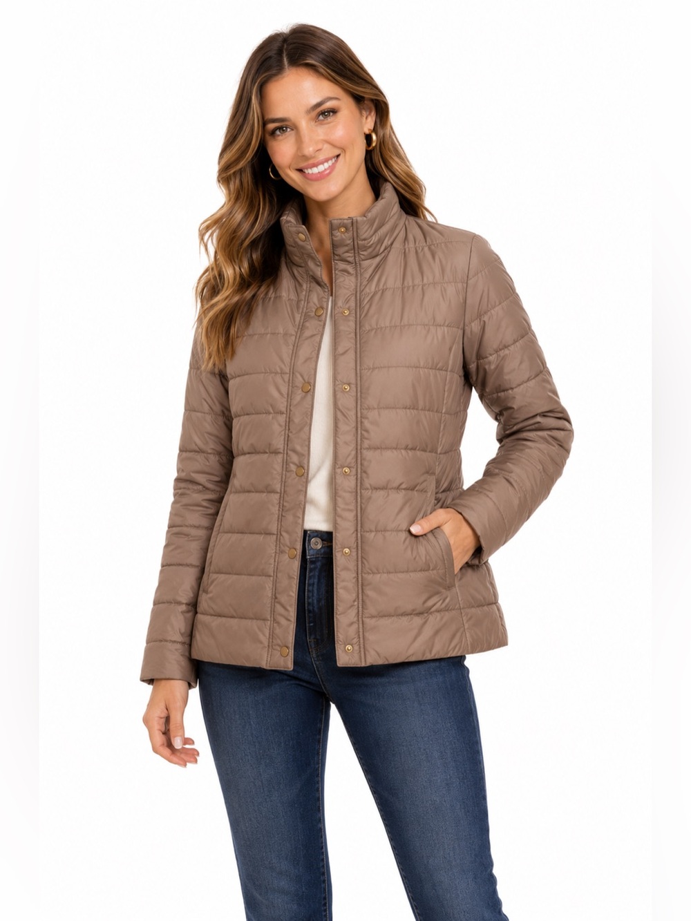 Ann Taylor Tan Quilted Puffer Jacket with Stand-Up Collar